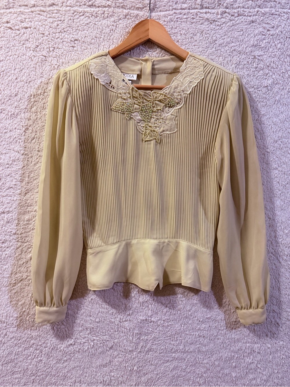 NICOLA Pale Yellow Pleated Blouse with Lace Appliqué